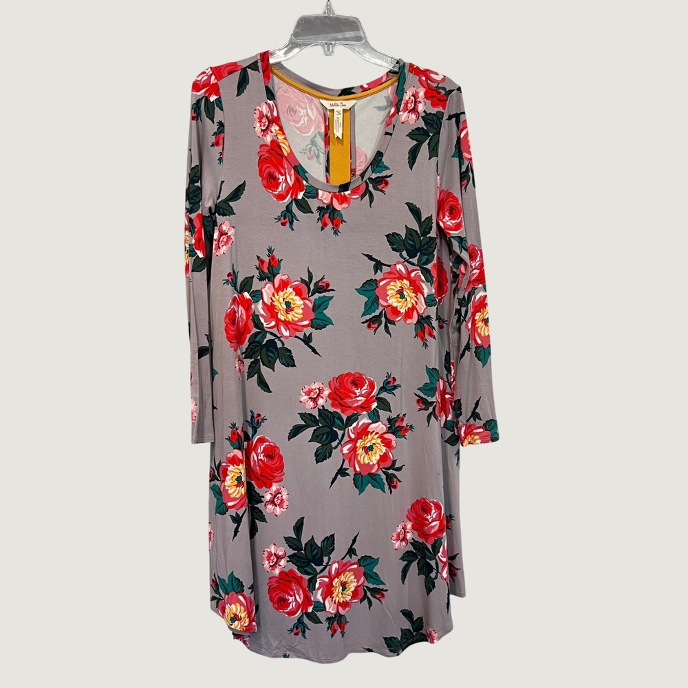 Matilda Jane Grey Floral Rose Long Sleeve Tunic Dress Mustard Stripe‎ Medium